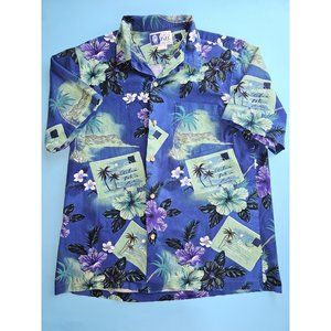 Vtg‎ RJC hibiscus and postcard aloha shirt. Size Large